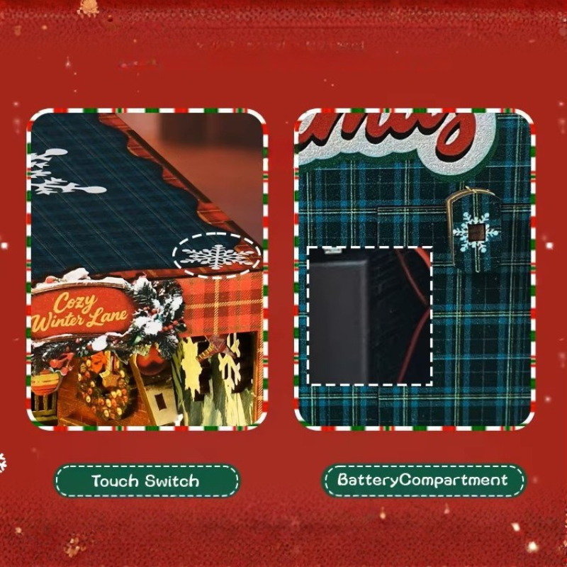 DIY book nook kit “Merry Market Lane,” featuring a warmly lit winter street with festive storefronts, snow-topped rooftops, and a softly bustling holiday vibe. A detailed DIY and crafts project perfect for holiday lovers and miniature collectors.