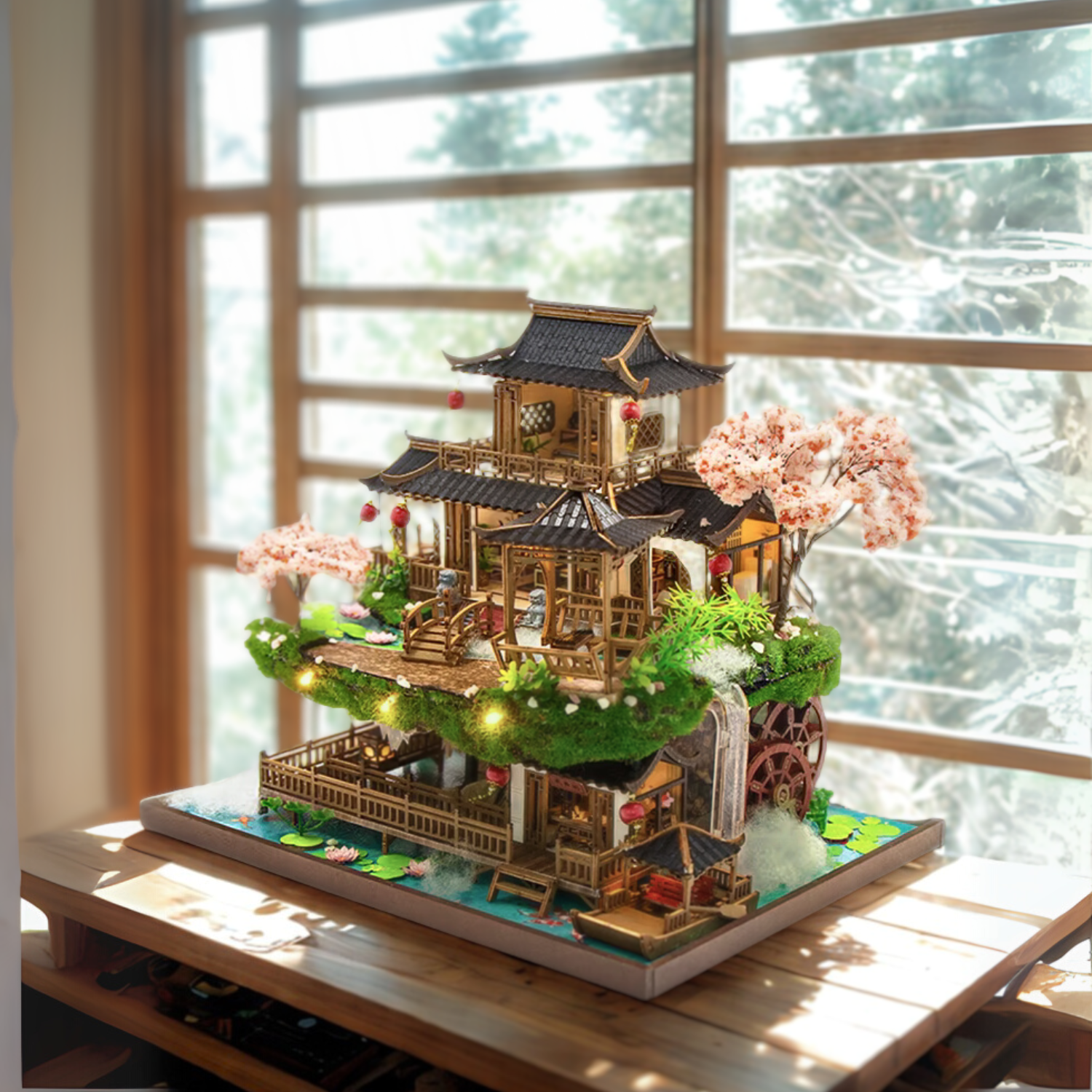 DIY miniature kit “Blossom Lantern Pavilion,” featuring a traditional East Asian-style building with curved roofs, cherry blossom trees, red lanterns, a waterfall, and glowing lights. A serene DIY and crafts project for fans of miniature homes and nature-inspired design.