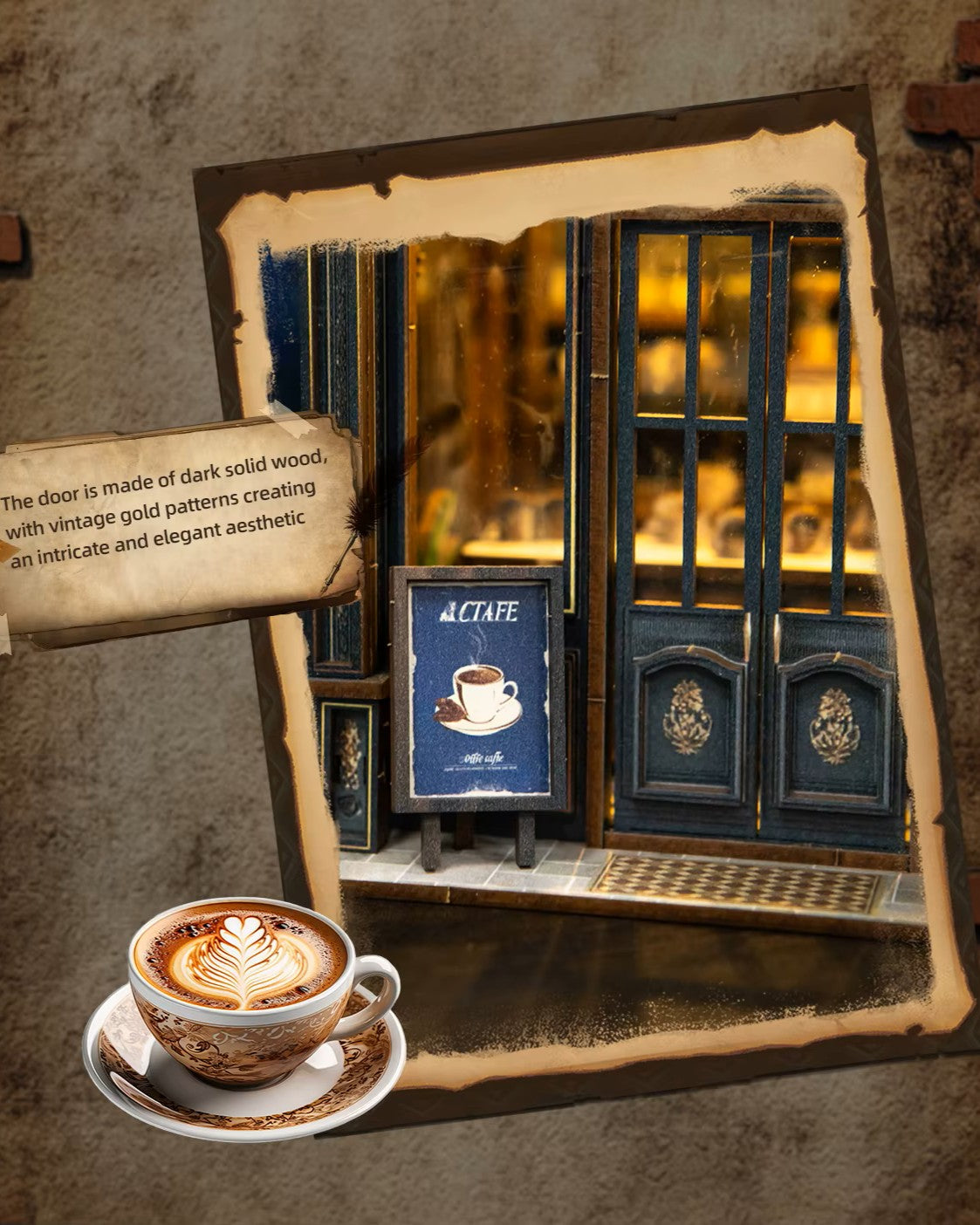 Miniature DIY book nook of a dark vintage-style café with glowing warm lights, ornate black storefront, and a coffee sign that reads “Jadeite Coffee.”