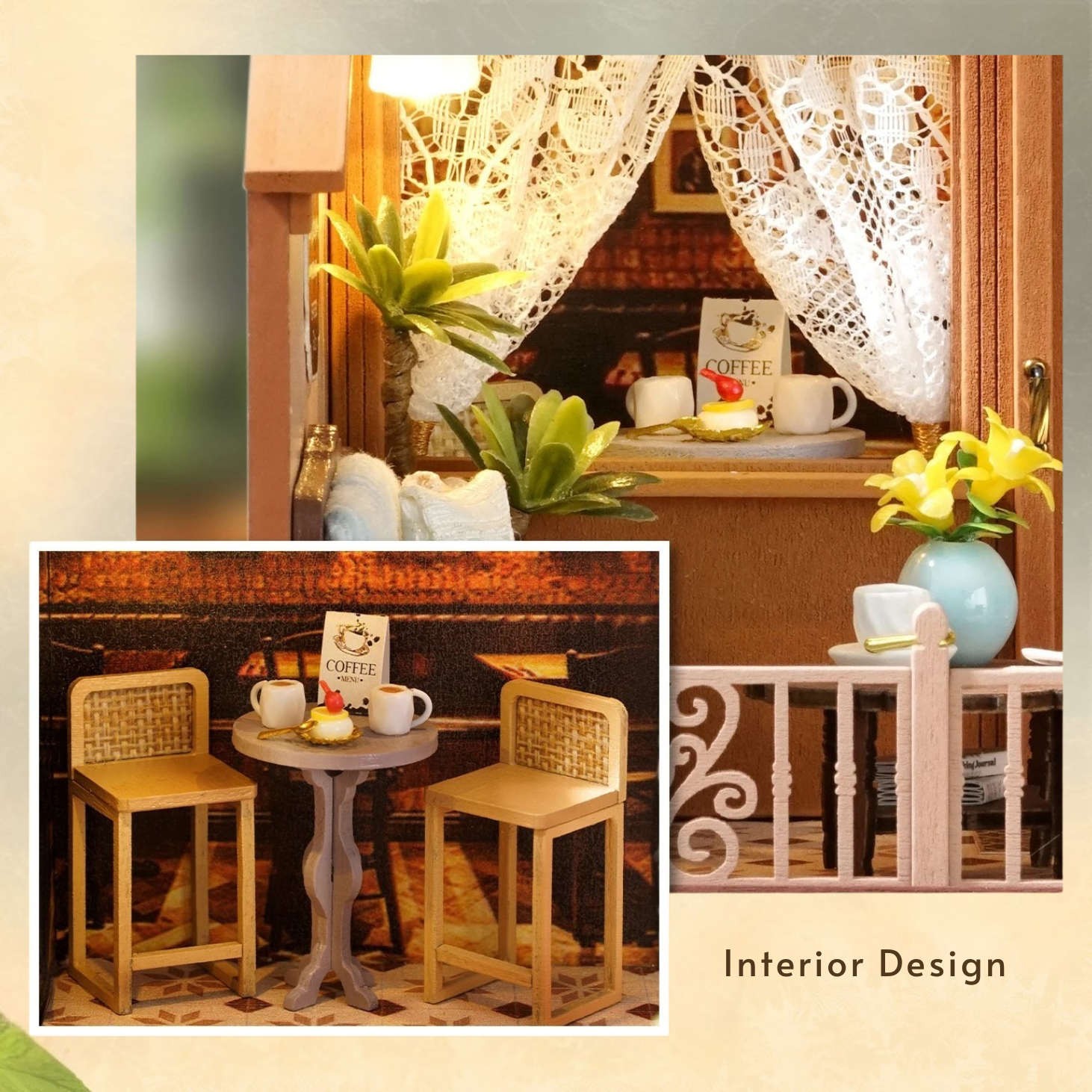 DIY mini house kit “Perch & Latte Loft,” featuring a cozy two-story coffee shop with a glowing café interior, reading nook, lace-curtained loft, and tiny desserts. A warm and detailed build for DIY and crafts lovers and fans of miniature homes.