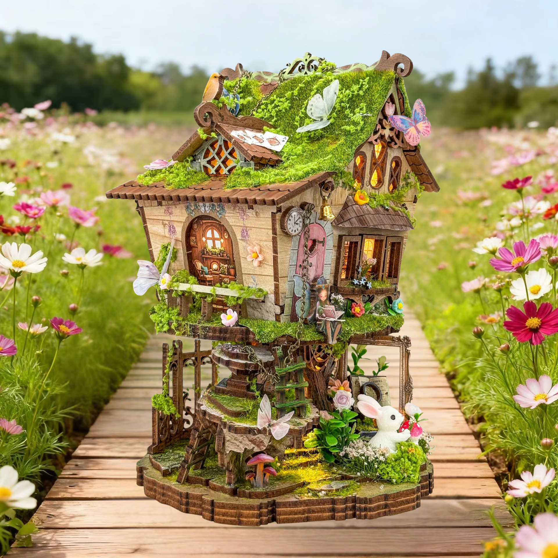 DIY mini house kit “Bramblebrook Treehouse,” featuring a whimsical forest treehouse with rope ladders, lanterns, miniature furniture, and leafy branches. A nature-inspired DIY and crafts project perfect for miniature lovers and woodland fantasy fans.