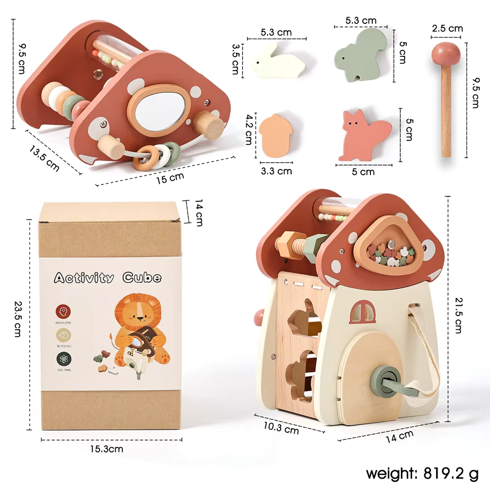 Montessori wooden mushroom house toy set with a xylophone, whimsical details, accessories, and characters, designed for imaginative pretend play and fine motor skill development.