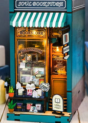 DIY book nook kit featuring a miniature bookstore with tiny books, shelves, cozy lighting, and vintage details — ideal for fans of miniatures, DIY crafts, scale models, and small DIY houses.