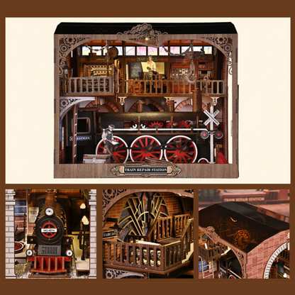 DIY miniature house kit of a vintage locomotive train repair station with intricate gears, scale model train, and glowing interior lights – perfect for craft ideas, DIY and crafts, miniature mansion lovers, and DIY book nook kit collectors.