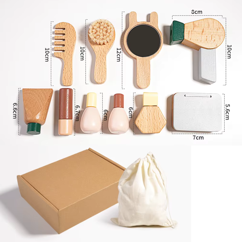 Montessori wooden cosmetic toy set with pretend makeup items including lipstick, compact mirror, perfume, nail polish, and comb, designed for imaginative role play and fine motor skill development.