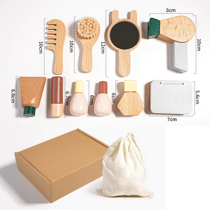 Montessori wooden cosmetic toy set with pretend makeup items including lipstick, compact mirror, perfume, nail polish, and comb, designed for imaginative role play and fine motor skill development.