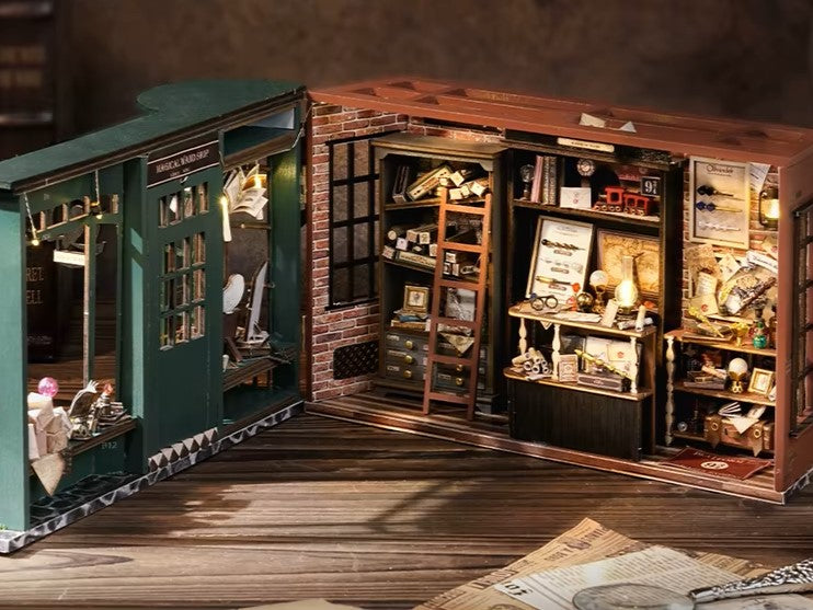 DIY miniature magic shop kit with tiny potions, spell books, glowing lights, and detailed scale model decor — perfect for miniature collectors, DIY crafts, and small DIY house lovers.