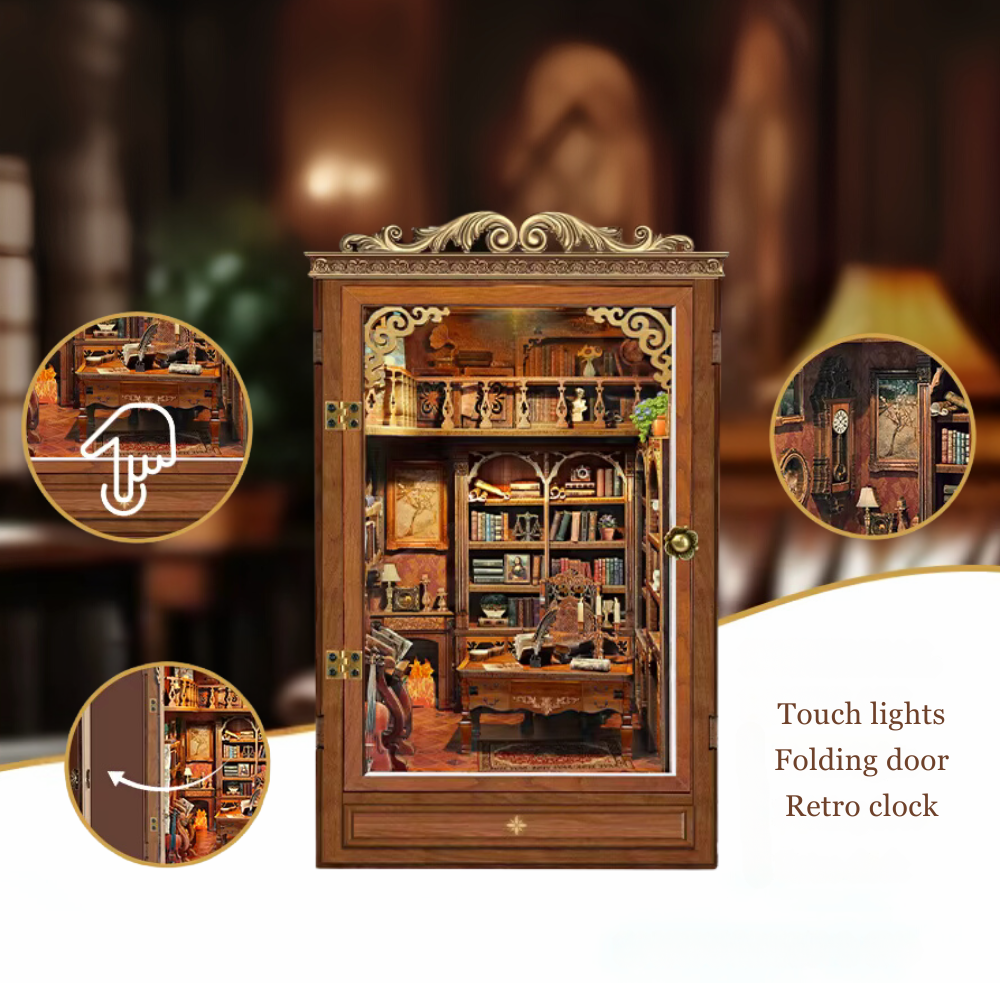 DIY book nook kit “Timekeeper’s Library,” featuring a charming home library with towering bookshelves, glowing lights, and a pendulum clock, An endearing DIY and crafts project for book nook collectors.