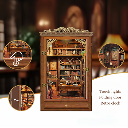 DIY book nook kit “Timekeeper’s Library,” featuring a charming home library with towering bookshelves, glowing lights, and a pendulum clock, An endearing DIY and crafts project for book nook collectors.