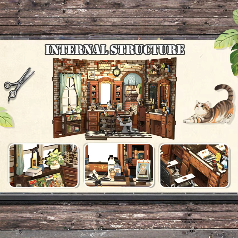 DIY book nook kit “Pomade Parlor,” featuring a vintage barbershop and hair salon interior with red chairs, mirrors, wooden shelves, and miniature grooming tools. A nostalgic DIY and crafts project for fans of retro style, miniatures, and classic salon design.