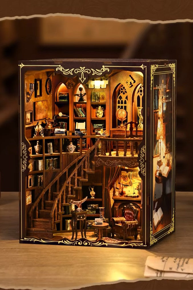 DIY book nook of an antique library scene with gothic-style arches, spiral stairs, a cozy reading nook, and glowing lamplight, styled in dark academia tones.