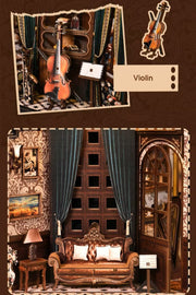 DIY miniature house with four connected scenes: a Victorian-style lounge, a hallway with a harp and bell, a floral piano practice room, and a richly decorated violin performance stage—each side forming a corner of a cube-shaped music-themed diorama.