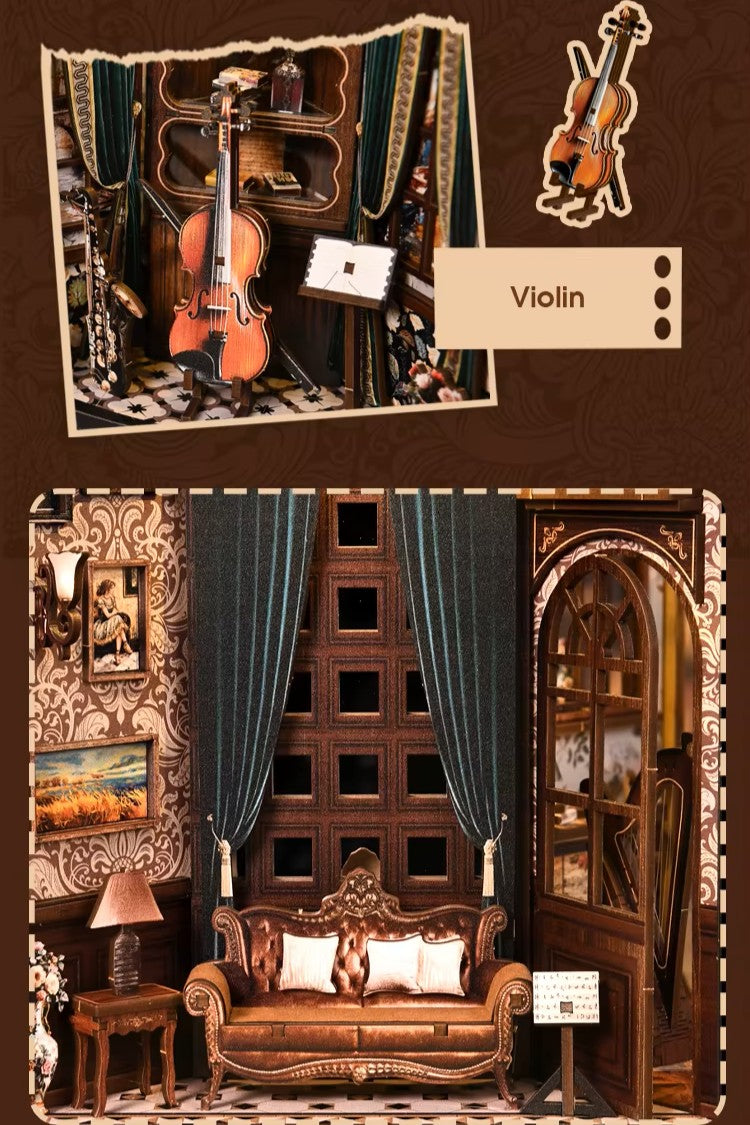 DIY miniature house with four connected scenes: a Victorian-style lounge, a hallway with a harp and bell, a floral piano practice room, and a richly decorated violin performance stage—each side forming a corner of a cube-shaped music-themed diorama.