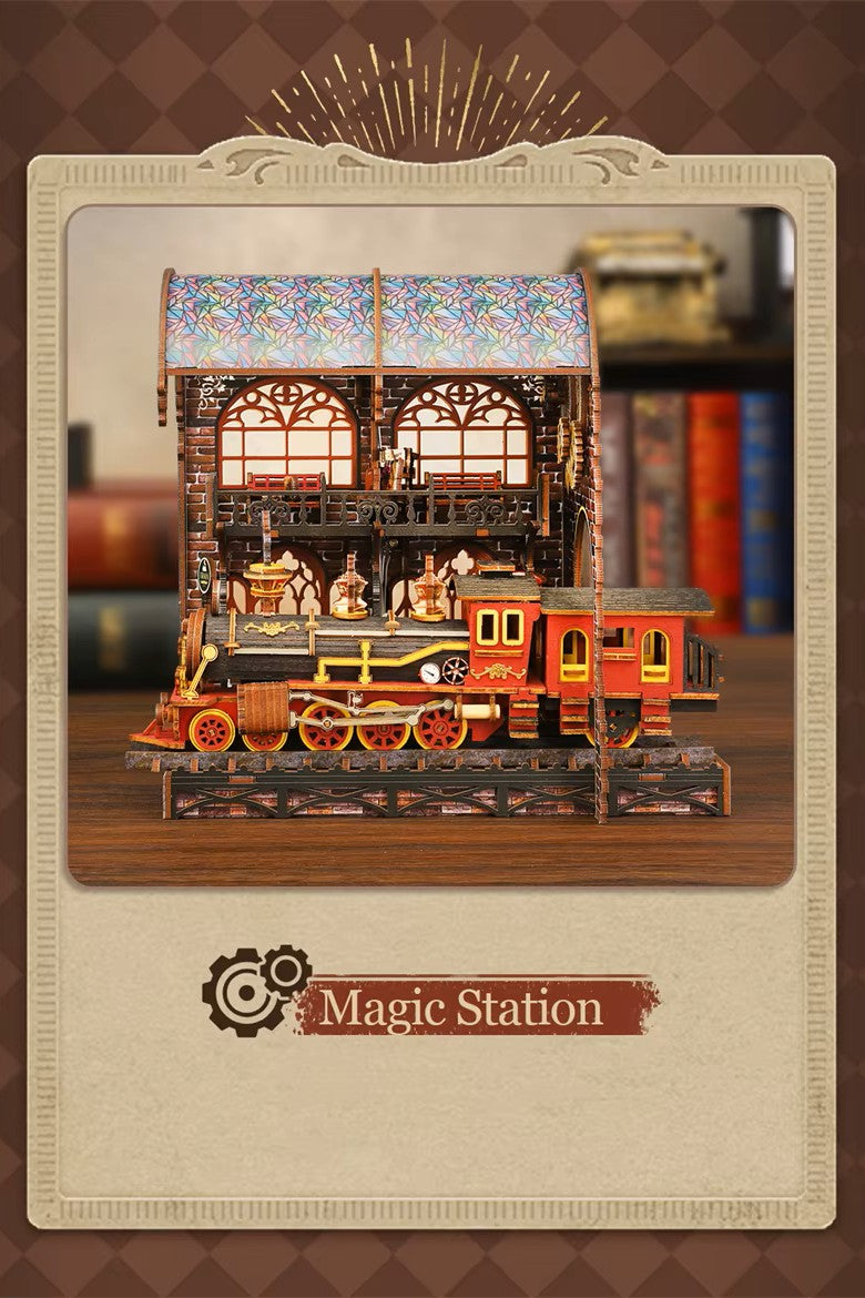 DIY book nook kit “Platform Arcane,” featuring a mechanical fantasy train station with glowing lights, gears, arched glass roof, red locomotive, and magical details. Ideal for DIY and crafts lovers, fantasy readers, and miniature train enthusiasts.