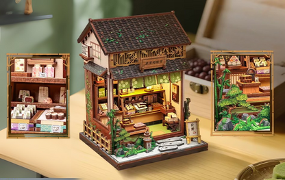 DIY mini house kit “Japanese Sweets Store,” featuring a traditional candy and wagashi shop with miniature desserts, wooden shelves, hanging banners, and tiny gift boxes. A detailed DIY and crafts project perfect for fans of Japanese culture and making miniatures.