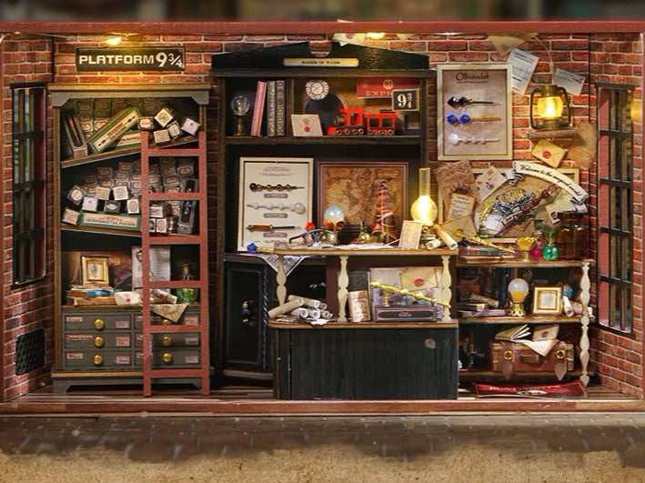DIY miniature magic shop kit with tiny potions, spell books, glowing lights, and detailed scale model decor — perfect for miniature collectors, DIY crafts, and small DIY house lovers.