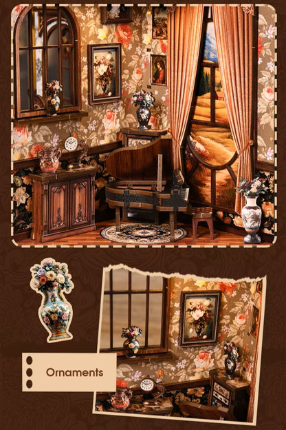 DIY miniature house with four connected scenes: a Victorian-style lounge, a hallway with a harp and bell, a floral piano practice room, and a richly decorated violin performance stage—each side forming a corner of a cube-shaped music-themed diorama.