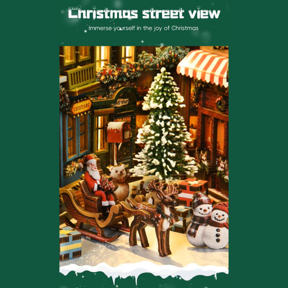 DIY book nook kit “Merry Market Lane,” featuring a warmly lit winter street with festive storefronts, snow-topped rooftops, and a softly bustling holiday vibe. A detailed DIY and crafts project perfect for holiday lovers and miniature collectors.