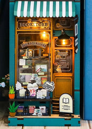 DIY book nook kit featuring a miniature bookstore with tiny books, shelves, cozy lighting, and vintage details — ideal for fans of miniatures, DIY crafts, scale models, and small DIY houses.