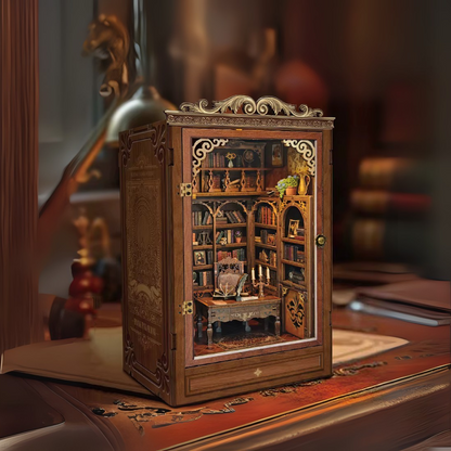 DIY book nook kit “Timekeeper’s Library,” featuring a charming home library with towering bookshelves, glowing lights, and a pendulum clock, An endearing DIY and crafts project for book nook collectors.