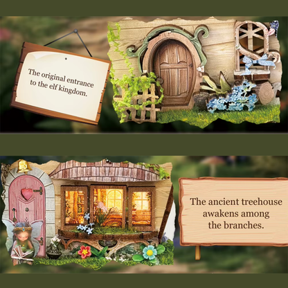 DIY mini house kit “Bramblebrook Treehouse,” featuring a whimsical forest treehouse with rope ladders, lanterns, miniature furniture, and leafy branches. A nature-inspired DIY and crafts project perfect for miniature lovers and woodland fantasy fans.