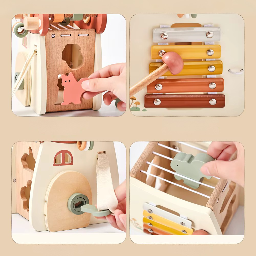 Montessori wooden mushroom house toy set with a xylophone, whimsical details, accessories, and characters, designed for imaginative pretend play and fine motor skill development.