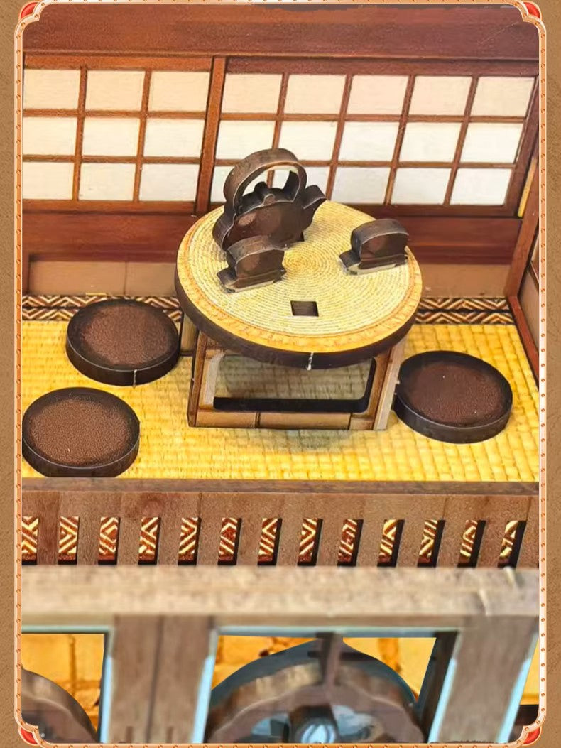 DIY miniature Japanese izakaya house featuring a cat chef, cherry blossom trees, hanging lanterns, a friendly Shiba Inu dog, and a warm glowing interior with tiny food items and sake bottles.