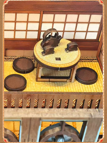 DIY miniature Japanese izakaya house featuring a cat chef, cherry blossom trees, hanging lanterns, a friendly Shiba Inu dog, and a warm glowing interior with tiny food items and sake bottles.
