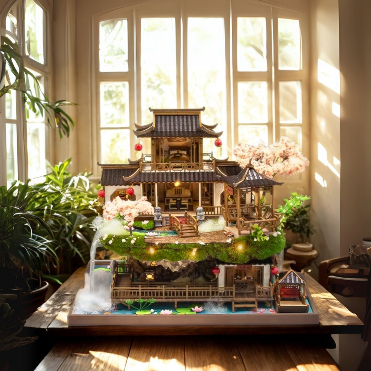 DIY miniature kit “Blossom Lantern Pavilion,” featuring a traditional East Asian-style building with curved roofs, cherry blossom trees, red lanterns, a waterfall, and glowing lights. A serene DIY and crafts project for fans of miniature homes and nature-inspired design.