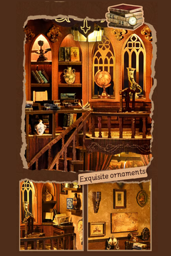DIY book nook of an antique library scene with gothic-style arches, spiral stairs, a cozy reading nook, and glowing lamplight, styled in dark academia tones.