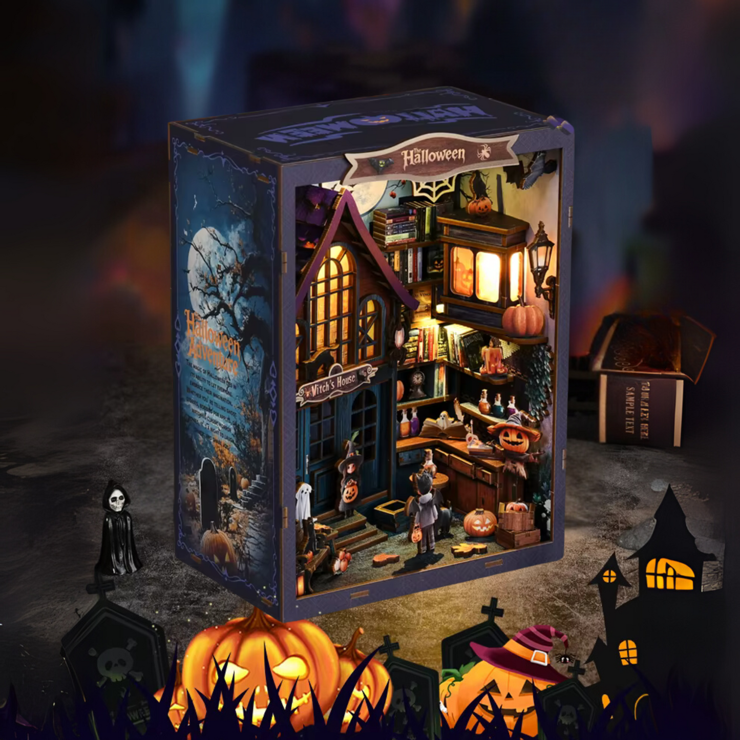 DIY book nook kit “Pumpkin Trick-or-Treat,” featuring a witch’s house with glowing windows, jack-o’-lanterns, trick-or-treaters, bats, and Halloween decorations. A festive miniature for DIY and crafts lovers and seasonal book nook collectors.