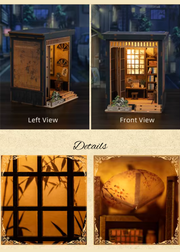 DIY book nook of a Japanese-style tea alcove featuring a glowing paper lantern, bonsai rock garden, shoji screen doors, bookshelves, and a peaceful wooden table, evoking the quiet ambiance of a neighborhood tea house.