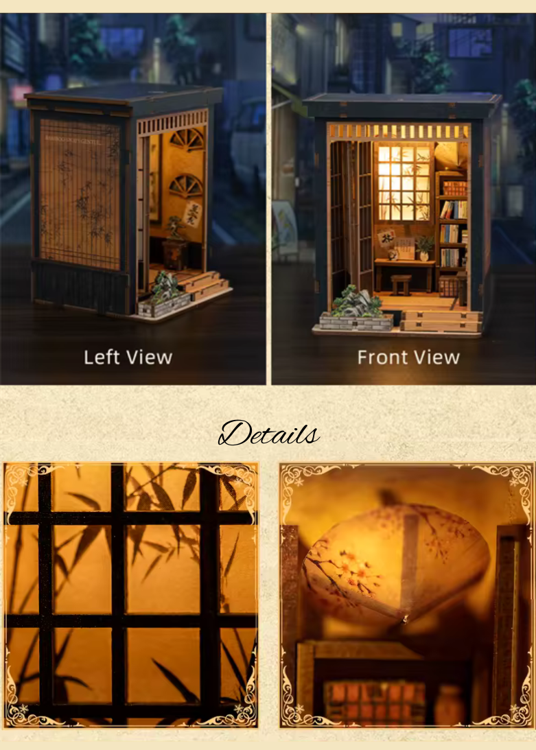 DIY book nook of a Japanese-style tea alcove featuring a glowing paper lantern, bonsai rock garden, shoji screen doors, bookshelves, and a peaceful wooden table, evoking the quiet ambiance of a neighborhood tea house.