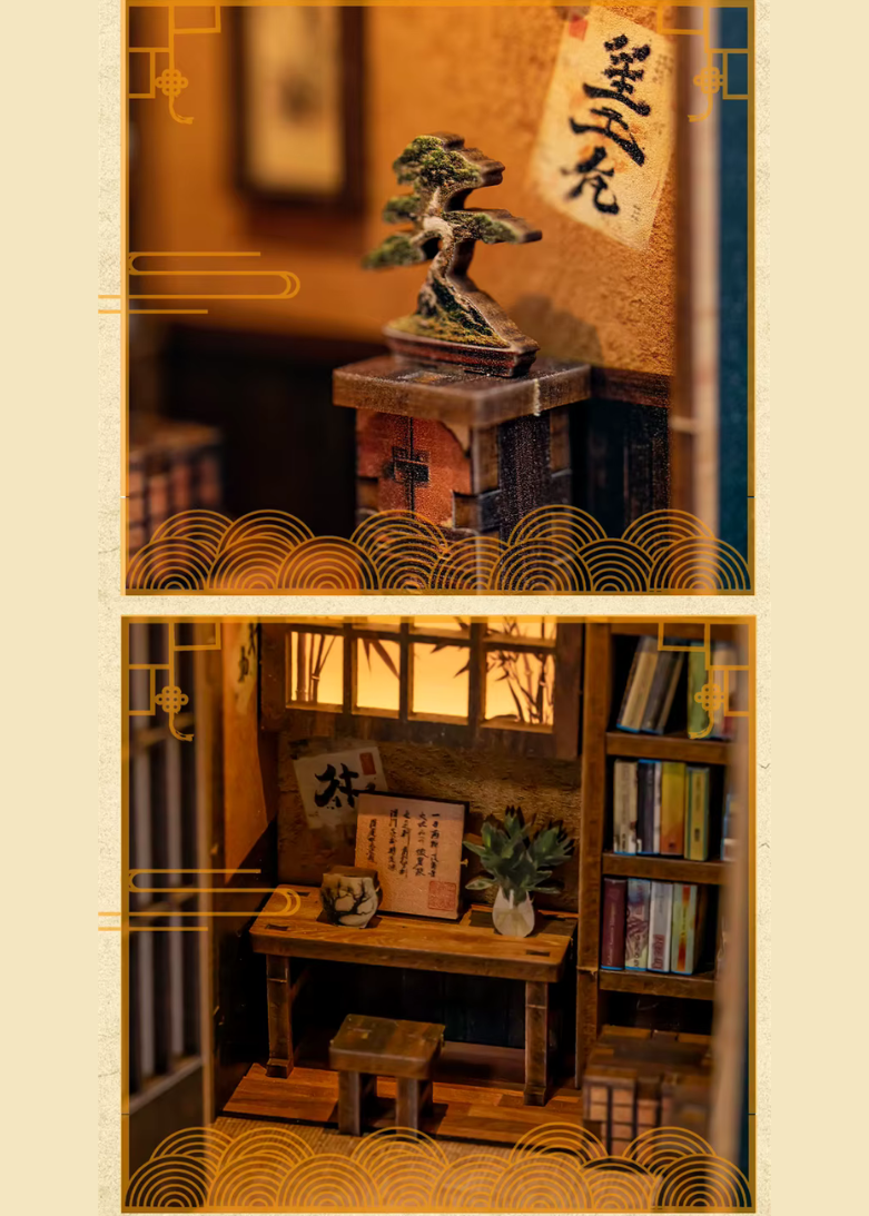 DIY book nook of a Japanese-style tea alcove featuring a glowing paper lantern, bonsai rock garden, shoji screen doors, bookshelves, and a peaceful wooden table, evoking the quiet ambiance of a neighborhood tea house.