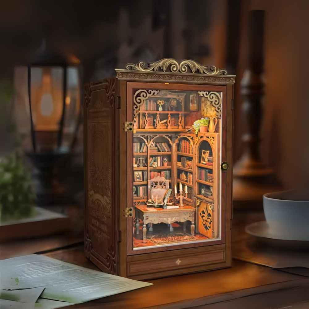 DIY book nook kit “Timekeeper’s Library,” featuring a charming home library with towering bookshelves, glowing lights, and a pendulum clock, An endearing DIY and crafts project for book nook collectors.