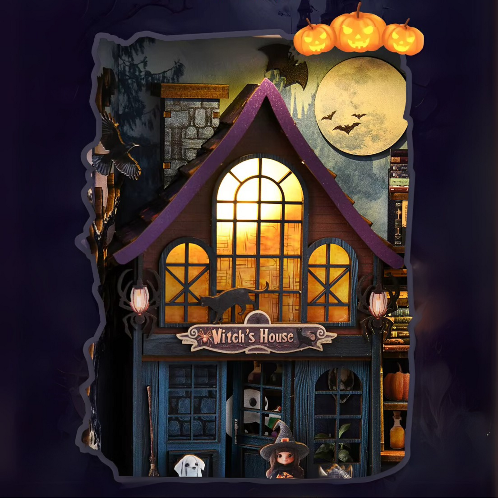 DIY book nook kit “Pumpkin Trick-or-Treat,” featuring a witch’s house with glowing windows, jack-o’-lanterns, trick-or-treaters, bats, and Halloween decorations. A festive miniature for DIY and crafts lovers and seasonal book nook collectors.