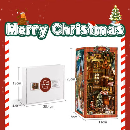DIY book nook kit “Merry Market Lane,” featuring a warmly lit winter street with festive storefronts, snow-topped rooftops, and a softly bustling holiday vibe. A detailed DIY and crafts project perfect for holiday lovers and miniature collectors.