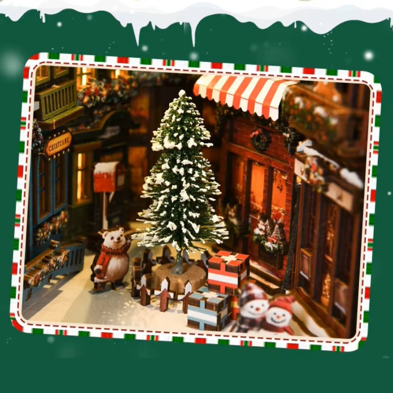 DIY book nook kit “Merry Market Lane,” featuring a warmly lit winter street with festive storefronts, snow-topped rooftops, and a softly bustling holiday vibe. A detailed DIY and crafts project perfect for holiday lovers and miniature collectors.