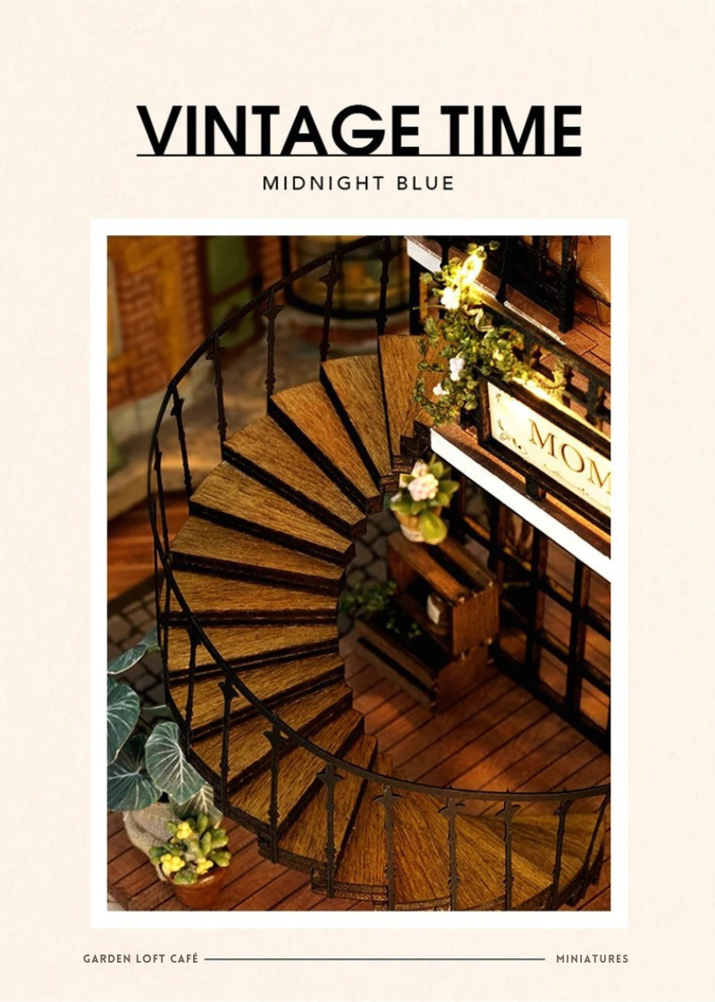 DIY miniature house kit of a two-story garden loft café with spiral stairs, tiny furniture, plants, and glowing lights – perfect for craft ideas, diy and crafts, miniature mansion lovers, and diy miniature home building.