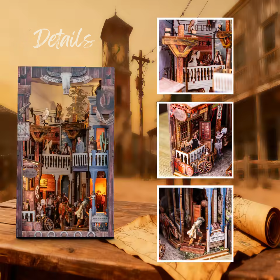 DIY miniature book nook of a Wild West street scene featuring a saloon façade with swinging doors, wooden signage, warm lantern lighting, and rustic storefront details, evoking a classic frontier town at dusk.