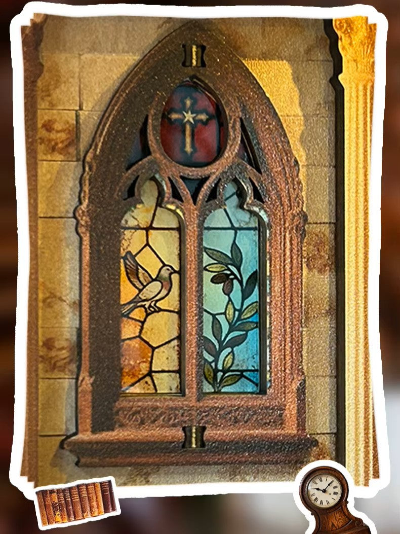 DIY miniature house kit styled as an Athenaeum library with classical columns, bookshelves, and warm lighting in an old-world study.