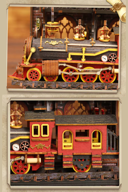 DIY book nook kit “Platform Arcane,” featuring a mechanical fantasy train station with glowing lights, gears, arched glass roof, red locomotive, and magical details. Ideal for DIY and crafts lovers, fantasy readers, and miniature train enthusiasts.