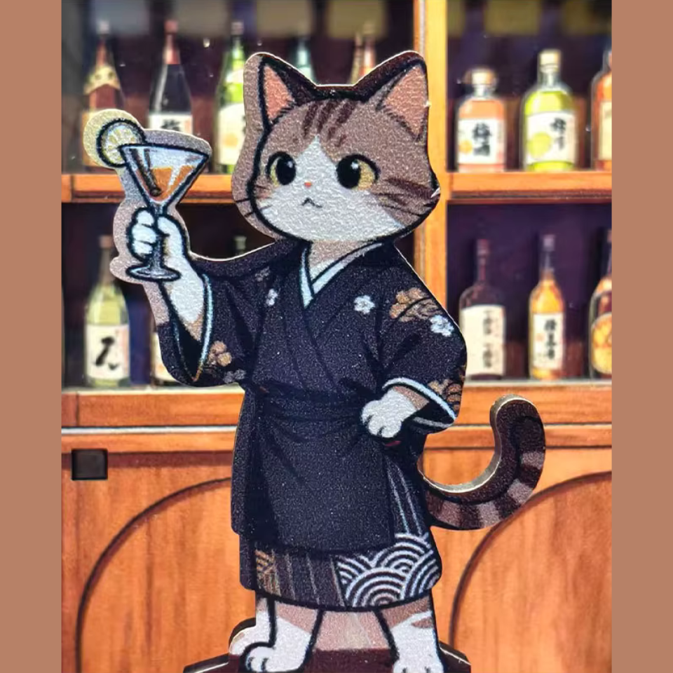 DIY miniature sake bar book nook with glowing lanterns, wooden bar seating, bamboo paneling, and rows of sake bottles, capturing the quiet atmosphere of a late-night Japanese tavern.