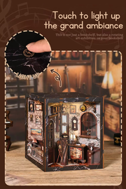 DIY miniature house with four connected scenes: a Victorian-style lounge, a hallway with a harp and bell, a floral piano practice room, and a richly decorated violin performance stage—each side forming a corner of a cube-shaped music-themed diorama.