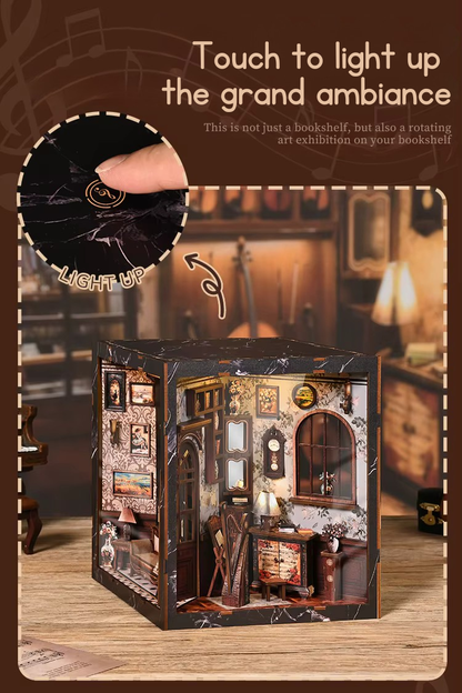 DIY miniature house with four connected scenes: a Victorian-style lounge, a hallway with a harp and bell, a floral piano practice room, and a richly decorated violin performance stage—each side forming a corner of a cube-shaped music-themed diorama.