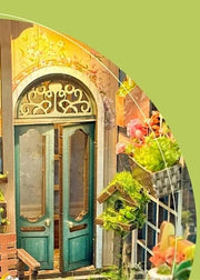 DIY garden book nook kit featuring a miniature outdoor café, greenery, tiny table setup, and rustic path — perfect for miniature lovers, DIY crafts, book nook fans, and small DIY house decor.