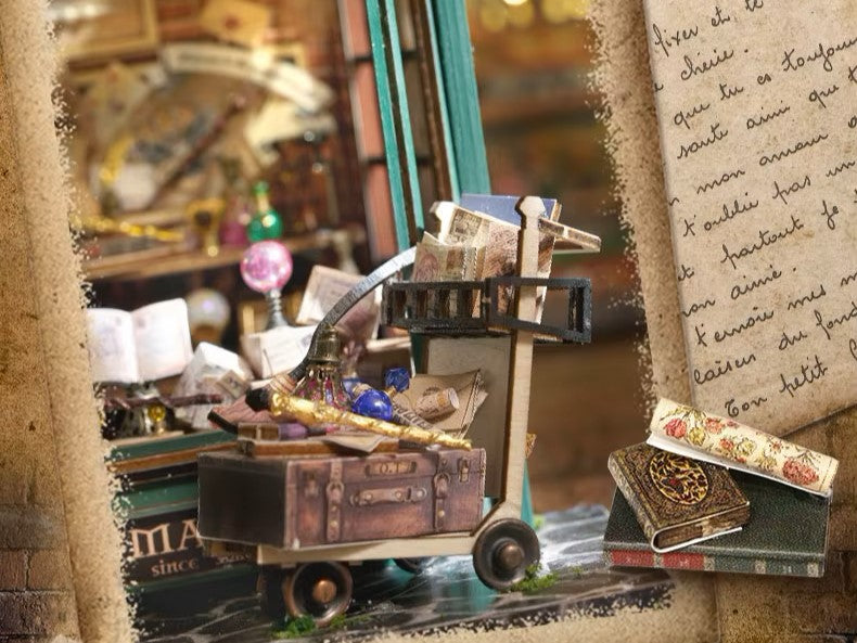 DIY miniature magic shop kit with tiny potions, spell books, glowing lights, and detailed scale model decor — perfect for miniature collectors, DIY crafts, and small DIY house lovers.