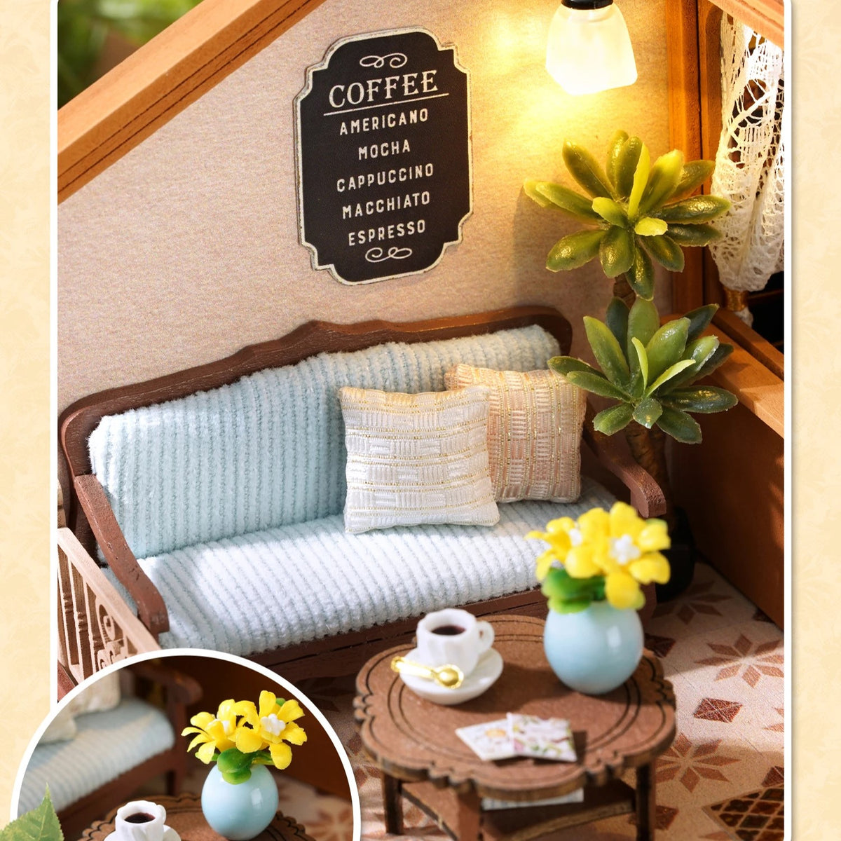 DIY mini house kit “Perch & Latte Loft,” featuring a cozy two-story coffee shop with a glowing café interior, reading nook, lace-curtained loft, and tiny desserts. A warm and detailed build for DIY and crafts lovers and fans of miniature homes.