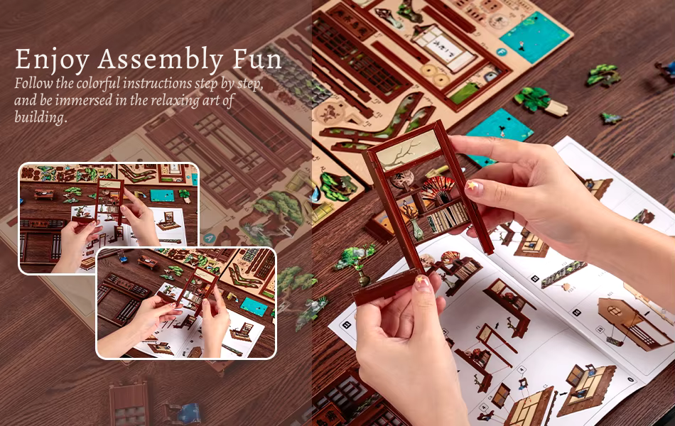 DIY book nook kit “Japanese Tea House,” featuring a glowing miniature tea room with shoji doors, bonsai, a tea set, and touch-sensitive light switch. A peaceful craft for DIY and crafts lovers and fans of traditional Japanese miniatures.