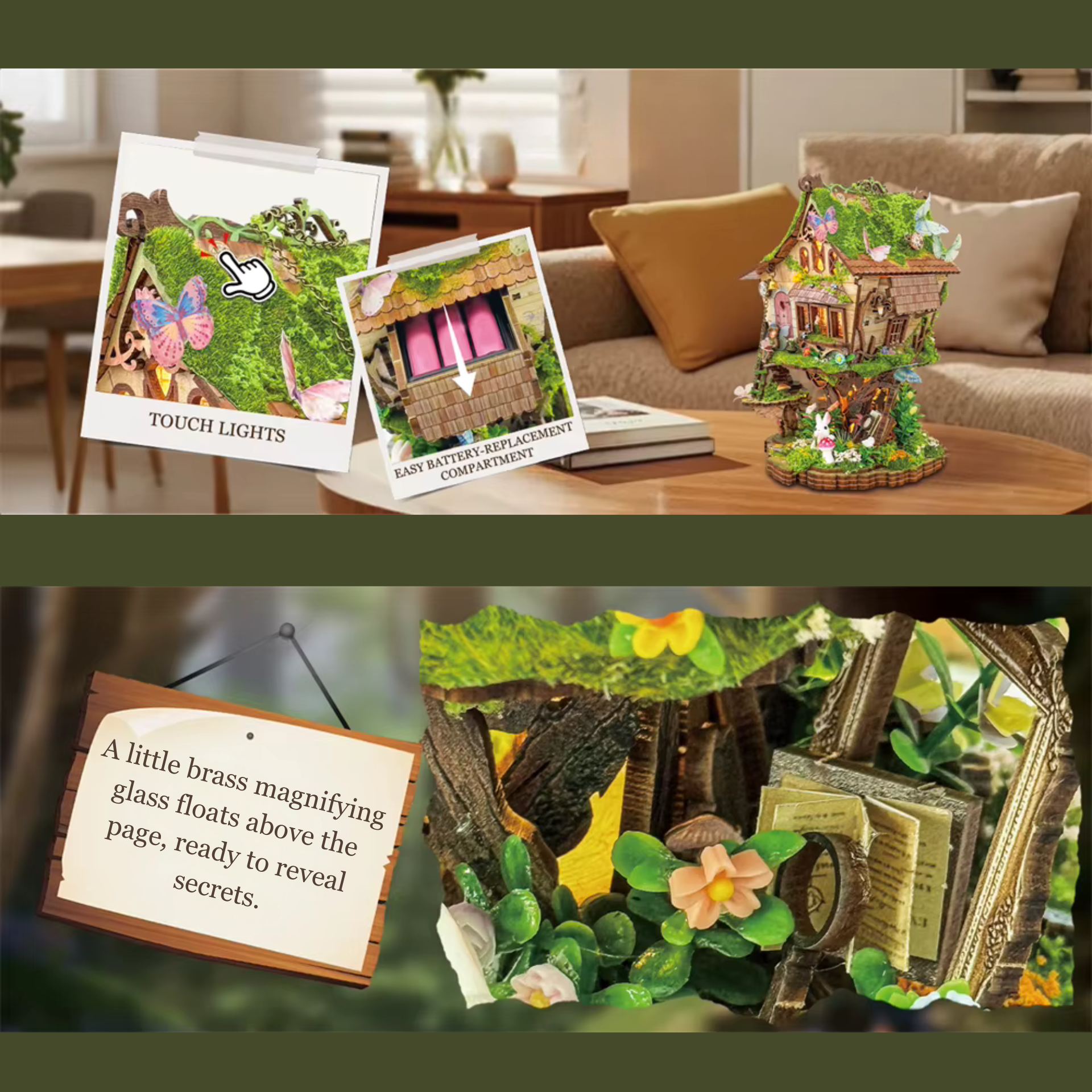 DIY mini house kit “Bramblebrook Treehouse,” featuring a whimsical forest treehouse with rope ladders, lanterns, miniature furniture, and leafy branches. A nature-inspired DIY and crafts project perfect for miniature lovers and woodland fantasy fans.